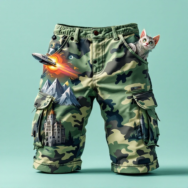 A pair of oversized camo cargo shorts takes center stage against a smooth, light teal background. The shorts are whimsically detailed in imaginative Kurt Vonnegut-style art. One leg of the shorts features a rugged, jagged mountain that transitions seamlessly into a spooky, cartoonish haunted house on the other leg. Shooting diagonally out of the left pocket is a sleek, futuristic spaceship with a vibrant, swirling contrail arcing upward. From the right pocket, a delightfully cartoonish orc peeks out, its exaggerated features giving a playful vibe. Peering out from the left cargo pocket is an inquisitive wide-eyed cat, balancing absurdity with light charm. The overall color palette employs bright, bold hues, framed with thick outlines, offering a delightful and quirky visual impact.