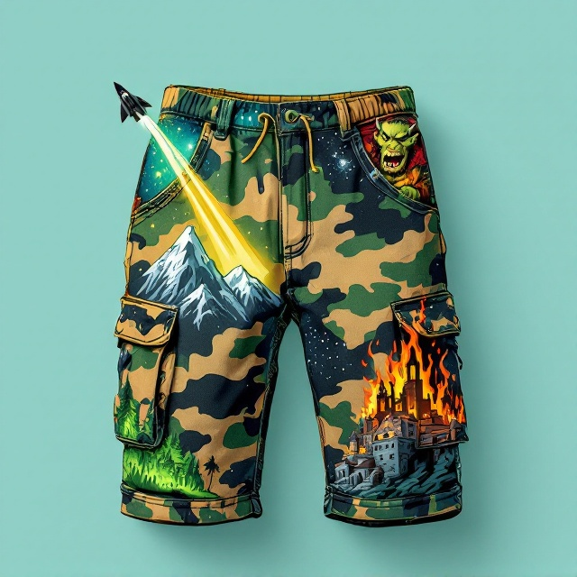 A pair of oversized camo cargo shorts acts as the central focus of the cover. The camo pattern is whimsical and lively, featuring on one pant leg a rugged mountain that seamlessly blends into a spooky haunted house, while the other leg integrates both a starry galaxy and a fiery battlefield. From the left pocket, a sleek sci-fi spaceship streaks upward diagonally, leaving a vibrant contrail of glowing green and orange light. From the right pocket, a mischievous cartoonist-style orc pops its head out in surprise. The light teal background serves as a calming contrast, emphasizing the boldness of the artwork while keeping the overall tone playful and chaotic in a refined way.
