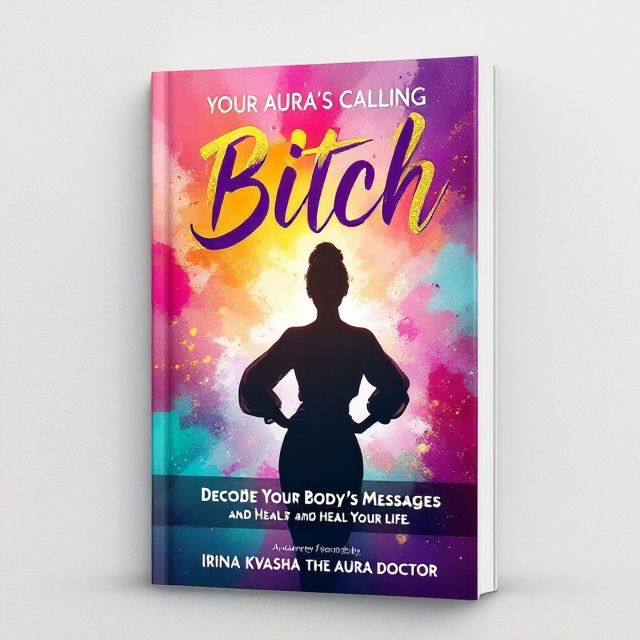 The cover features a flamboyant watercolor aura that blends lively shades of pink, gold, turquoise, and violet, radiating from a silhouette of a confident woman with her hands on her hips, placed slightly off-center. On the left, the bold word "Bitch" jumps out in an oversized, sassy script font with a touch of metallic gold foil effect. Below it, the subtitle “Your Aura’s Calling Decode Your Body’s Messages and Heal Your Life” is positioned in a smaller, clean serif font. Author's name, "Irina Kvasha The Aura Doctor," is aligned at the bottom in a classic sans-serif font. The background is a textured pastel off-white, adding warmth and a personal touch.