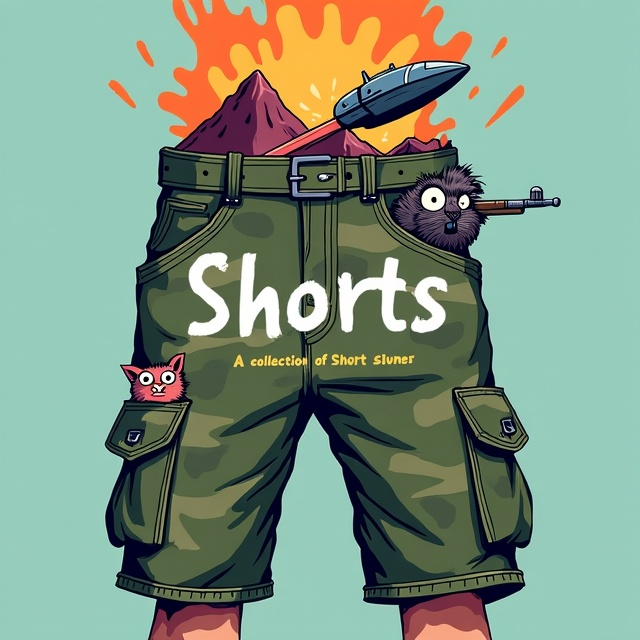 A pair of oversized, camo cargo shorts takes up the center of the cover, rendered in a playful Kurt Vonnegut-inspired whimsical illustration style. The shorts' camo pattern is detailed with a rugged mountain morphing into a haunted house that's actively on fire. From the left pocket, a sleek sci-fi spaceship zooms diagonally upward, leaving a bold contrail in its wake, while a cartoonish orc pokes out of the right pocket, holding an exaggerated AK-47 comically. On the left cargo pocket, a fluffy, mischievous cat peers out with wide, glowing eyes. The background is a simple, light teal canvas that contrasts the saturated, playful colors of the shorts and surrounding elements.