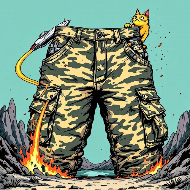 A playful illustration showcasing a massive pair of oversized camo cargo shorts is centered on a vibrant light teal background. The shorts are illustrated in a whimsical Kurt Vonnegut-inspired art style with bold, exaggerated proportions and quirky details. The left pant leg features a rugged, craggy mountain seamlessly transitioning into a flaming haunted house rendered with cartoonish, exaggerated flames. From the left pocket, a sleek, retro-futuristic spaceship emerges diagonally, leaving behind a bright, colorful contrail curving toward the top of the cover, adding dynamism. From the right pocket, a comical orc with an oversized head and cartoonish AK-47 leans out curiously, adding a whimsical fantasy touch. Peeking out of the left cargo pocket is a wide-eyed, mischievous cat with sharp ears and a half-smile, observing the scene. The entire composition bursts with bold, saturated colors and quirky, contrasting textures.