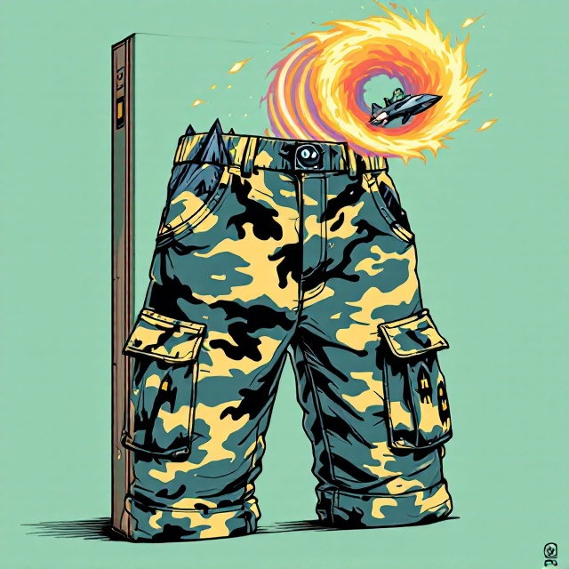 A pair of oversized, camo cargo shorts is prominently displayed at the center of the cover on a light teal background. The camo pattern is playfully detailed with a rugged mountain morphing into a spooky, flaming haunted house across the two pant legs. From the left pocket, a sleek, metallic, futuristic spaceship zooms upward with a vibrant, colorful contrail curving dynamically toward the book title near the top. On the right pocket, a wide-eyed cartoonish orc with a comically small AK-47 pokes its head and shoulders out. On the left cargo pocket, a fluffy evil cat with an exaggerated expression and wide, round eyes peeks out curiously. The illustration is done in an art style inspired by Kurt Vonnegut’s playful and whimsical aesthetic, with bold outlines, exaggerated proportions, and lively saturated colors.