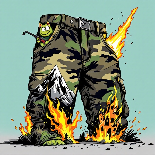The cover features a whimsical, illustrative rendering of an oversized pair of camo-patterned cargo shorts as the central visual. The shorts are set against a light teal background, making them pop vibrantly. One pant leg has a rugged mountain sketched in bold, playful strokes, seamlessly transitioning into a haunted house engulfed in exaggerated cartoon flames on the other pant leg. A sleek, futuristic sci-fi spaceship bursts out dynamically from the left pocket, leaving a bold, multicolored contrail curving upwards. From the right pocket, a comically curious green orc peers out, its exaggerated facial features brightly drawn, holding a cartoonish, oversized orange-and-black AK-47. Poking out of the left cargo pocket is a mischievous, wide-eyed fluffy cat illustrated with quirky, exaggerated proportions and an evil grin. The bold black outlines, vibrant color palette, and playful proportions evoke an absurd, lighthearted tone aligned with a Kurt Vonnegut-inspired art style.