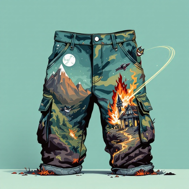 A pair of oversized camo cargo shorts takes center stage against a light teal backdrop, painted in a whimsical, Kurt Vonnegut-inspired art style. The left pant leg showcases a rugged mountain morphing into a burning haunted house under a full moon and twinkling stars. The right pant leg bursts with surreal fun, as a cartoonish orc with a wide grin pokes its head and shoulders out of the right pocket, clutching a cartoonish AK-47. From the left pocket, a shiny, futuristic sci-fi spaceship zooms out at an angle, leaving behind a bright, spiraling contrail intersecting the cover’s top edge. A mischievously fluffy evil cat stares wide-eyed out from the left cargo pocket. Thick, bold outlines and vibrant, saturated colors dominate the scene.