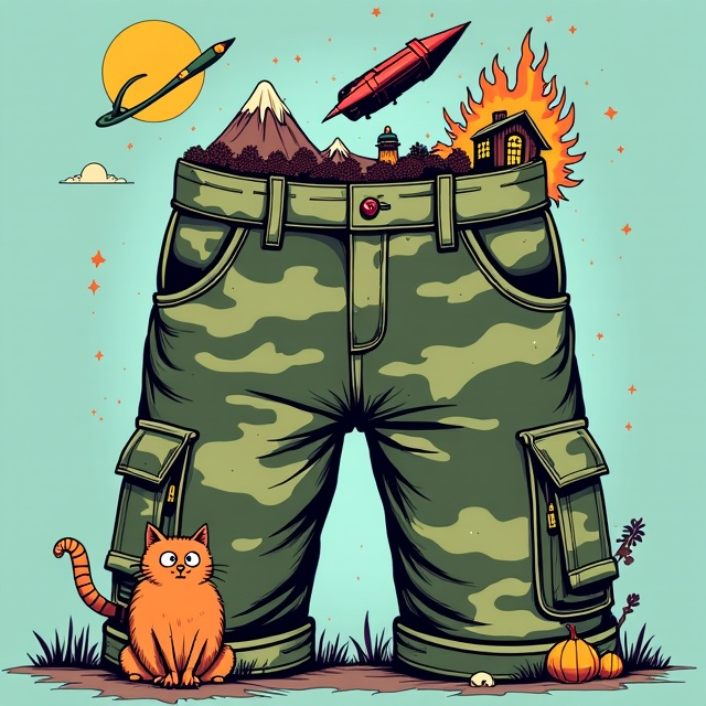 The cover features an oversized pair of camo cargo shorts as the central focus, rendered in a whimsical, Vonnegut-inspired art style with bold, hand-drawn outlines and saturated colors. The shorts dominate the middle of the cover against a light teal background. The camo pattern showcases a rugged mountain on the left leg blending into a haunted house with a full moon and stars, engulfed in whimsical cartoon-style flames on the right leg. A sleek futuristic spaceship zooms diagonally upwards out of the left pocket, with a bright, curling contrail. From the right pocket, a cartoonish green orc with exaggerated features and a comical AK-47 peeks out, while beneath them, a fluffy, wide-eyed evil cat emerges mischievously from the left cargo pocket. The playful composition is balanced across the cover, and details in the illustration draw viewers closer to appreciate the imaginative elements.