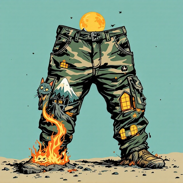 The cover showcases an oversized pair of camo cargo shorts centered on a light teal background. The shorts' legs feature imaginative, whimsical details one leg depicts a rugged mountain seamlessly blending into a spooky, flaming haunted house, complete with a full moon and scattered stars in bold, playful lines. From the left pocket, a sleek, futuristic spacecraft with a glowing contrail arcs dynamically toward the top of the cover. The right pocket holds a wide-eyed, cartoonish orc peering out, holding a simplified, playful rendition of an AK-47. Meanwhile, a curious, fluffy evil cat's head pokes out from the left cargo pocket with a mischievous grin. The dynamic and saturated colors, bold black outlines, and lively proportions convey a playful, lighthearted tone.