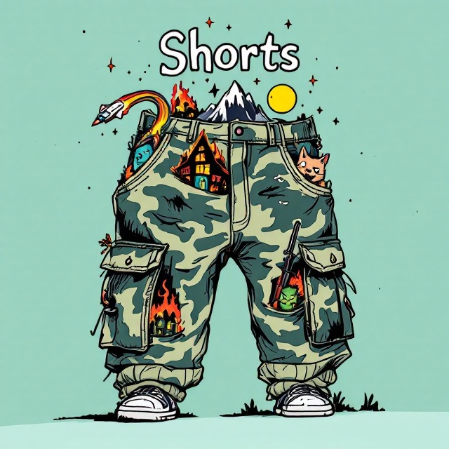 A playful illustration in a Kurt Vonnegut-inspired whimsical style taking center stage with a pair of oversized, camo cargo shorts. The shorts have dynamic, quirky detailing—a rugged mountain morphing into a burning haunted house combined with a full moon and stars. A futuristic, bright-colored spaceship streaks out of the left pocket, leaving a curved contrail across the upper section of the cover. From the right pocket, a cartoonish orc peeks out, gripping a humorous AK-47. A fluffy, wide-eyed cat with a mischievous and slightly sinister gaze emerges from the left cargo pocket. All visuals are set against a clean, light teal background with saturated, bold line work and vivid coloring for a fun and adventurous vibe.