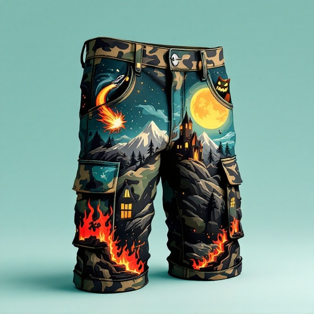 The cover is designed with a bold, playful illustration of oversized camo cargo shorts positioned at the center as the focal point. The shorts feature a detailed camo pattern, with one pant leg showcasing a rugged mountain morphing into a spooky haunted house that is on fire under a glowing full moon and scattered stars. The left pocket sends out a sleek sci-fi spaceship with a bright, swirling contrail extending dynamically towards the top left corner. On the right pocket, a curious cartoonish orc peers out, holding a cartoonish AK-47, while a fluffy, mischievously wide-eyed evil cat pops out from the left cargo pocket. The background is a light teal color, emphasizing the whimsical and fun elements of the illustration. The art style is inspired by Kurt Vonnegut's playful and exaggerated illustrations, with bold outlines and saturated colors creating a fun, vibrant composition.