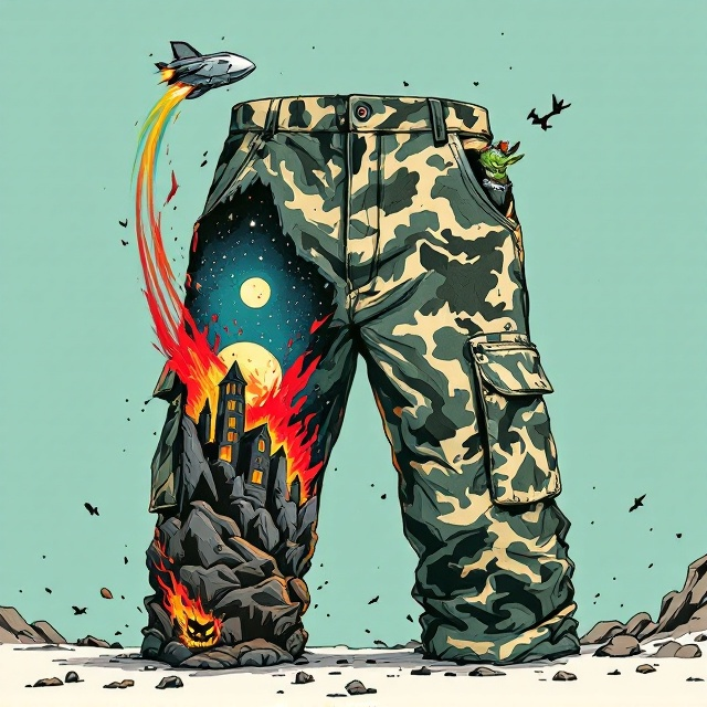 A pair of oversized camo cargo shorts dominates the center of the cover, illustrated with bold, whimsical strokes and saturated colors in a Kurt Vonnegut-inspired style. The camo pattern on the shorts features a rugged, detailed mountain on the left pant leg that morphs seamlessly into a burning haunted house with a glowing full moon and stars on the right pant leg. Emerging dynamically from the left pocket is a sleek, futuristic spaceship leaving a vivid trail of colorful contrails swooping upward. From the right pocket, a cartoonish orc with a mischievous grin and exaggerated proportions peeks out, holding an AK-47. A fluffy yet eerily wide-eyed evil cat pops its head out of the left cargo pocket, adding to the whimsical chaos. The background is a simple, light teal tone that contrasts with the vivid colors and playful outlines of the shorts while keeping the focus on the central imagery.