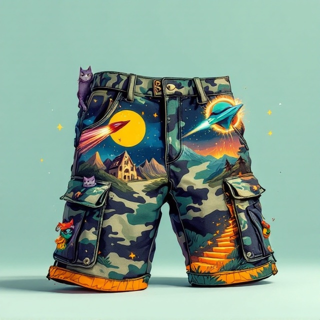 A dynamic, whimsical illustration brings together the main elements prominently featured in the center of the cover are a pair of oversized camo cargo shorts, rendered in a Kurt Vonnegut-inspired art style. The cargo shorts have an intricate camo pattern, with one pant leg showcasing a rugged mountain morphing into a haunted house set ablaze against a full moon and starry night sky. The other pant leg incorporates a sci-fi twist, where an alien spaceship zooms out from the left pocket in a radiant, spiraling contrail that ascends diagonally. From the opposite pocket, a cartoonish orc wielding a colorful AK-47 peeks out playfully, while a mischievous, evil-looking cat peeks from the left cargo pocket. The background is a soft, light teal, with whimsical starry accents scattered subtly around the shorts, giving a science fiction vibe while still remaining calm and clean.