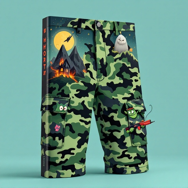 The cover illustrates an oversized pair of camo cargo shorts, prominently placed in the center against a light teal background. The camo pattern is composed of surreal, whimsical elements. A rugged mountain sprouts from the upper left pant leg, morphing into a spooky haunted house on fire under a glowing full moon with scattered stars. A sleek, futuristic sci-fi spaceship bursts out dynamically from the left pocket, creating a fiery, looping contrail in the air. A cartoonish green orc peeks out comically with wide eyes and goofy grin from the right pocket, holding a brightly colored AK-47. Meanwhile, a mischievous, wide-eyed fluffy evil cat pokes its head out of the left cargo pocket. All elements are drawn in bold, playful, and humorous designs reminiscent of Kurt Vonnegut's style with exaggerated proportions and vibrant, saturated tones.