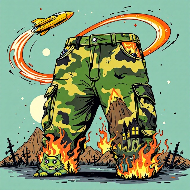 A whimsical, Kurt Vonnegut-inspired cover with a pair of oversized camo cargo shorts at the centerpiece. The shorts are illustrated with bold outlines and playful detailing against a light teal background. On the left pant leg, the camo pattern smoothly transitions into a rugged mountain, which morphs into a burning haunted house with a full moon and scattered stars above it. The right pant leg contains designs of fire and quirky shapes blending into the mountain. From the left pocket, a sleek yellow-and-red spaceship zooms outward diagonally, leaving a curving contrail in vibrant orange and white toward the upper part of the cover. From the right pocket, a cartoonish orc peeks out, grinning mischievously while holding an exaggerated AK-47, its features exaggerated with textures in complementary greens and browns. On the left cargo pocket, a fluffy, wide-eyed evil cat stares directly at the viewer, edged in blues and pink tones for contrast.