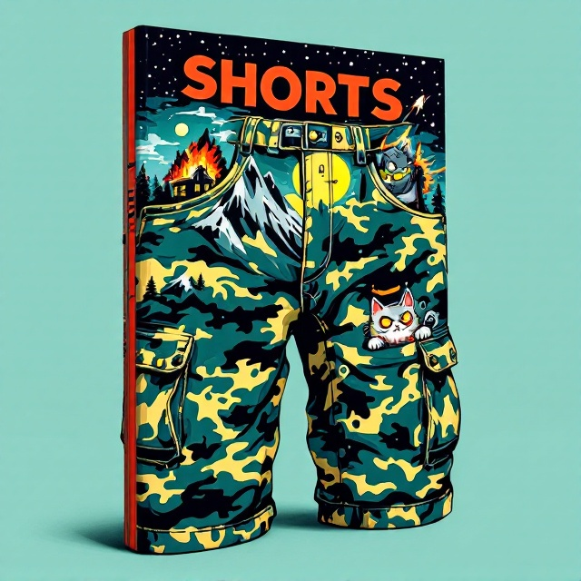 A bold, whimsical illustration takes center stage a pair of oversized camo cargo shorts dominate the cover, their exaggerated proportions and intricate pattern immediately catching attention. Each pant leg contains striking imagery integrated seamlessly into the design a rugged mountain morphs into a haunted, burning house lit up by a dramatic full moon and twinkling stars. From the light teal-colored space above the shorts, a sleek sci-fi spaceship zooms out at an angle, leaving behind a vibrant, curving contrail. On the right pocket, an exaggerated cartoonish orc, drawn with exaggerated proportions and bright tones, peeks out holding a playful rendition of an AK-47. Meanwhile, an evil-looking fluffy cat emerges mischievously from the left cargo pocket. The background is clean, light teal, allowing the colorful, dynamically outlined elements to pop.