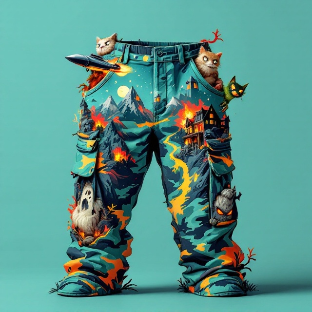 A pair of oversized camo cargo shorts dominates the center of the cover, filled with quirky, vibrant designs. The left pant leg shows a rugged mountain morphing seamlessly into a haunted house, complete with a full moon, stars, and flames. The right pant leg features the haunted house extending upwards. From the left pocket, a sleek, rounded sci-fi spaceship zooms out diagonally, leaving a bright color-gradient contrail that curves toward the book’s title. From the right pocket, a cartoonish and mischievous orc peers out holding an exaggerated, playful AK-47, while a fluffy, wide-eyed evil cat's head pops out of the left cargo pocket. The light teal background enhances the vibrant, saturated colors, while a playful but bold illustrative style akin to Kurt Vonnegut’s scribbly-yet-clean aesthetic gives the entire design a fun and whimsical look.