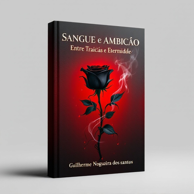 A deep crimson red background fades into a darker, shadowed edge, creating an ominous but seductive atmosphere. At the center, a single black rose lies with droplets of blood dripping down its petals. The stem of the rose is intertwined with smoke-like wisps, wrapping around it sensually and disappearing into the shadows. The title is placed at the top in luxurious letters with a faintly glowing effect, while the author’s name is elegantly set at the bottom in a minimalist and unobtrusive style. Subtle texture on the background resembles silk or velvet, adding richness to the design.