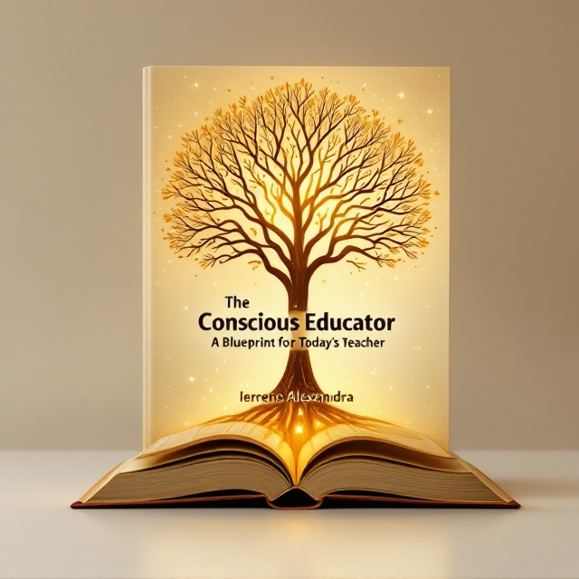 A large, glowing tree with intricate branches resembling neural pathways occupies the center of the cover. The tree grows from an open book at the bottom of the image, which has faint blueprint designs sketched on its pages. The background gradually transitions from a warm beige at the bottom to a soft, glowing golden tone near the tree's crown. Subtle rays of light emanate from the tree to emphasize growth and consciousness. A small, stylized school building silhouette is integrated subtly into the roots of the tree, grounding the image while connecting it to the educational theme.