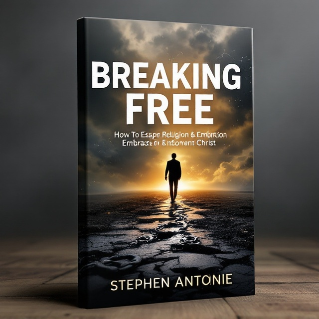 The cover features a silhouette of a man walking away from shattered chains that lie on the ground. The background transitions from a dark, stormy gray on the left (signifying the oppressive hold of religion) to a radiant, golden light on the right (representing stepping into a relationship with Christ). The figure heads towards a cross outlined by a brilliant, divine glow at the horizon. Wisps of light swirl around the broken chains, signifying freedom, while soft clouds float in the background, enhancing the sense of rising above burdens.