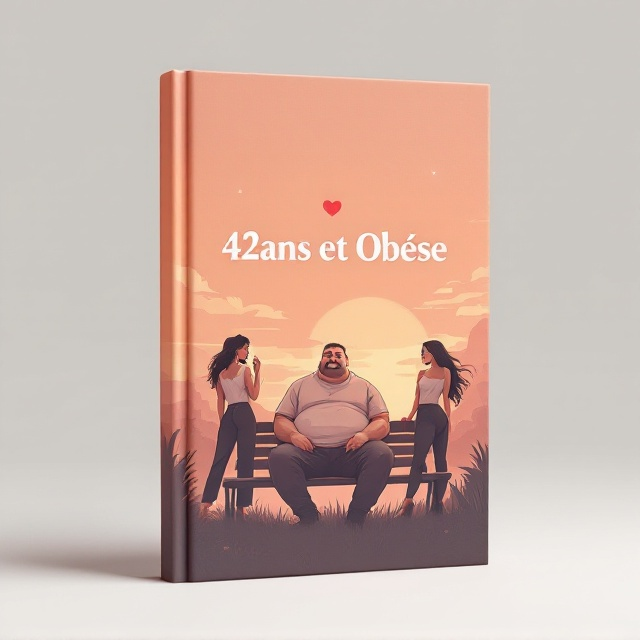 A subdued sunset backdrop with warm tones of orange and pink. At the center, there is an illustration of an obese 42-year-old man in casual attire, sitting on a park bench, looking contemplative. On either side of him stand two attractive women, both exuding confidence. One woman has a flirtatious expression, leaning slightly toward him, while the other appears coy and a bit distant, creating tension. The subtle symbol of a red heart is faintly overlaid in the sky, visually hinting at love and romantic conflict.