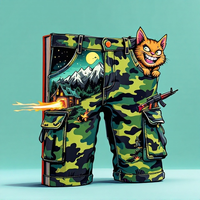 A Kurt Vonnegut-inspired playful illustration dominates the cover, featuring oversized camo cargo shorts as the center of attention. The light teal background sets a cheerful tone. The camo pattern on the shorts includes a rugged mountain seamlessly blending into a spooky haunted house, with stars and a full moon glowing above it and flames crackling subtly. From the left pocket, a sleek sci-fi spaceship zooms out at an angle, leaving a neon contrail that spirals toward the cover’s top. The cartoonish orc with its goofy, mischievous grin peers out from the right pocket, playfully clutching an exaggeratedly cartoonish AK-47. On the left cargo pocket, an evil but adorable fluffy cat pops its head out, its fur bristled like it’s caught in the middle of a prank. The illustration uses bright, saturated hues with bold black outlines, creating a fun, irreverent aesthetic.