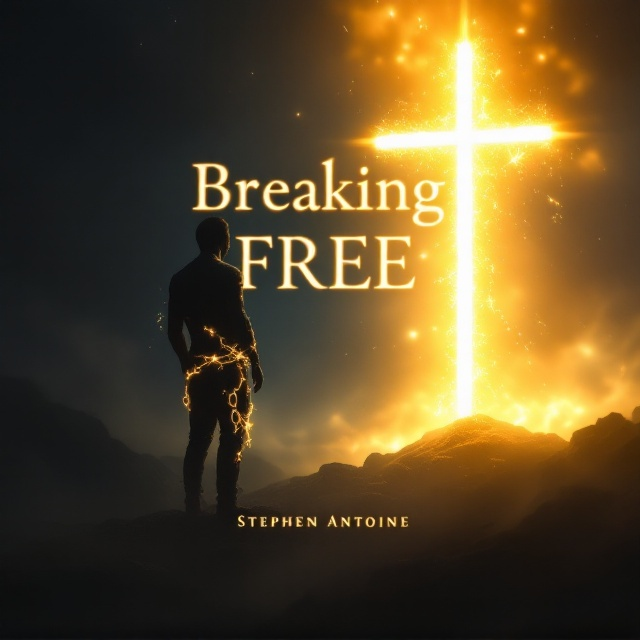 A silhouetted man stands on the left side of the cover, his body partially wrapped in glowing, broken chains. Behind him on the left, there is dense, inky darkness. The background transitions steadily to a brighter area on the right side of the cover, dominated by radiant, heavenly light. A luminous cross beams toward the man, symbolizing hope and salvation. Subtle swirling effects in the transition from darkness to light convey movement and transformation.