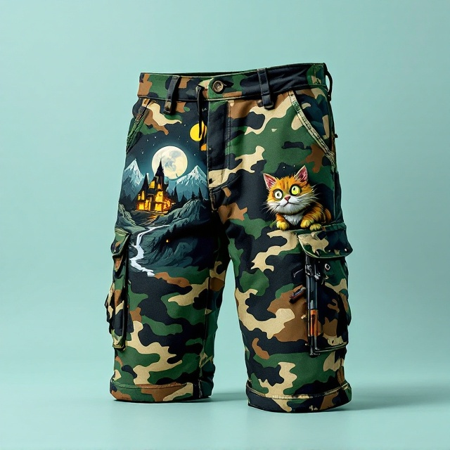 The cover prominently features the oversized camo cargo shorts, placed in the center against a light teal background. The shorts are whimsically exaggerated, with a lively and intricate camo pattern. The left pant leg showcases a rugged mountain blending into a haunted house that’s engulfed in flames, under a full moon and twinkling stars. The right leg echoes a contrasting tone, giving clean detail to the futuristic sci-fi spaceship whose trail arcs playfully upward. On the right pocket, the cartoonish orc with an AK-47 peeks out mischievously, and on the left cargo pocket, a wide-eyed, evil-looking fluffy cat adds an additional layer of quirky darkness.