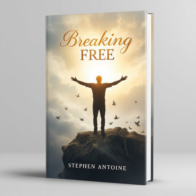 The cover features a silhouette of a man standing on a cliff, arms wide open, bathed in warm golden light breaking through a cloudy sky. In the background, a faint, ethereal image of Christ with open arms is blended into the sky, symbolizing divine freedom and grace. Below, the cliff transitions to broken chains, with the links dissolving into doves taking flight, emphasizing escape and liberation. The color palette includes shades of gold, white, and soft blues, evoking serenity, hope, and divine presence.