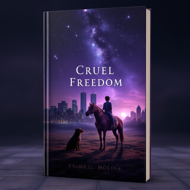 The cover showcases a starry, ethereal purple night sky transitioning smoothly from left to right. On the left, the Twin Towers of New York City rise against the dark skyline, exuding a somber yet majestic feel. A seven-year-old boy sits atop a gallant buckskin stallion at the center of the image, with the boy depicted partially in shadow as he gazes into the distance. At the horse’s feet, his loyal Rottweiler sits faithfully, its features gleaming under the quiet moonlight. On the far right, a tranquil farm emerges, complete with softly lit stables and grazing horses, offering a soothing contrast to the cityscape. A soft beam of light connects the child to both the city and farm, symbolizing a journey of transformation.