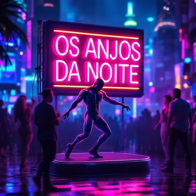 standing book mockup, Its title is "OS ANJOS DA NOITE - A vida noturna de São Paulo com suas alegrias e contradições". Its author name is JOÃO LUIZ TAQUES.  The background features a vibrant, immersive city skyline inspired by São Paulo, drenched in shades of midnight blue and purple to evoke a sensual, nighttime atmosphere. The foreground showcases a striking, beautiful, and muscled gogo boy, glistening under neon lights. He is dancing confidently on a small illuminated stage with energetic movement frozen in time. A glowing neon board behind him displays the book title, while reflections of city lights and shadowy outlines of other revelers create a layered depth and dynamic energy. The book title, "OS ANJOS DA NOITE," is presented in a bold, glowing neon sign-style font, with shades of pink and orange for warmth and vibrancy. The subtitle follows in a smaller, sans-serif, modern font just beneath the title, softly glowing in a bluish hue. The author’s name, "JOÃO LUIZ TAQUES," is placed at the bottom in luxurious golden lettering, set in a clean serif font that subtly contrasts the neon elements, adding sophistication., The dancing gogo boy is positioned prominently in the center of the page, spotlighting sensuality and allure. The neon-lit book title arches over him in the background, drawing the reader's eye toward the central figure. The stage itself occupies the bottom third of the cover, incorporating reflections and nightlife textures. Shadows and light gradients subtly guide the viewer's focus from the boy to his surroundings, while the glowing author name anchors the bottom for balance.