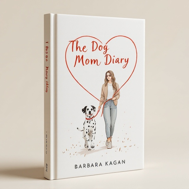 The cover features a minimalist sketch-style illustration of a modern mom with soft features and casual attire, walking a playful Dalmatian on a red leash. The leash curves gracefully and forms the shape of a heart that visually links the mom and the dog. The background is soft beige with subtle pencil-like textures. Beneath their feet is a faint suggestion of a grassy path, keeping it grounded but simple. The heart motif is gently enhanced by a warm, glowing effect, symbolizing love and connection.