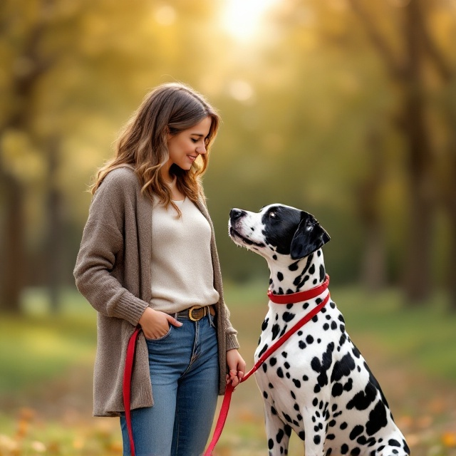 A modern mom dressed casually in jeans and a cozy cardigan stands in a park-like setting. She is holding a red leash, leading a Dalmatian with a glossy black-and-white coat. The red leash loops in a fluid motion to form the outline of a heart between the mom and the dog, subtly connecting them. Both the woman and the Dalmatian are gazing at each other lovingly. The background is soft-focus greenery with warm tones, creating a dreamy, heartwarming atmosphere.