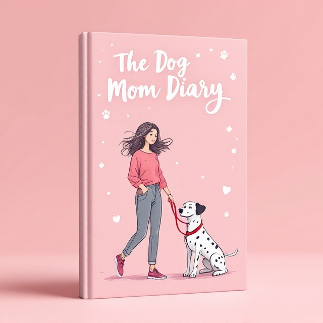 The cover features a minimalist sketch of a modern mom with flowing hair and a casual outfit, walking a cheerful Dalmatian. The Dalmatian is drawn to reflect its signature spots, and the red leash creates a fluid line that forms the shape of a heart connecting them. The backdrop is a soft pastel pink gradient with faint hand-drawn doodles of paw prints and hearts in the background. The overall design feels charming yet warm, exuding love and connection.
