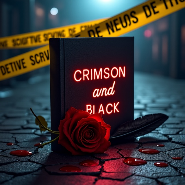 A dimly lit scene dominated by shades of deep crimson and black. In the center foreground, a close-up of a crimson rose with droplets of blood dripping down its petals is paired with a jet-black feather resting beside it. Both elements are placed on cracked pavement illuminated by a faint spotlight. Crime scene ribbons stretch diagonally across the cover in neon yellow with faint "Crime Scene Do Not Cross" text partially visible. The background fades into shadowy silhouettes of buildings and fog, evoking a sense of mystery and unease.