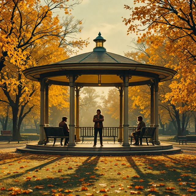 A nostalgic depiction of a 1970s park scene with golden hour lighting. At the forefront, two individuals stand apart from each other on opposite sides of a circular pavilion. One person stands defiantly with crossed arms, while the other sits on a bench with a contemplative expression. Surrounding this central scene are lush trees with warm autumn-colored leaves. To emphasize the 1970s theme, a vintage filter with grainy texture adds a subtle retro vibe.