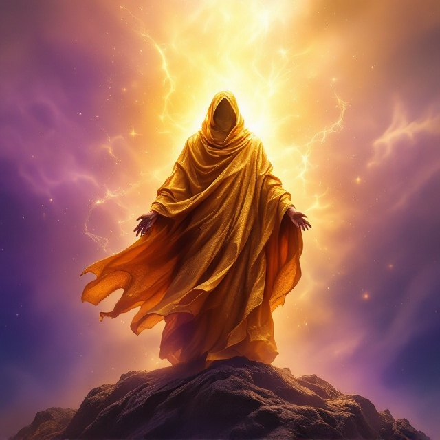 A vivid depiction of a man cloaked in a flowing gold mantle, standing on a mountaintop, with a celestial golden aura illuminating him from above. Behind him, a soft gradient of deep purple transitions to lighter shades at the edges, symbolizing divine authority and spiritual transcendence. Wisps of ethereal light swirl around the man, emphasizing a sense of power and connection to the divine. Subtle hints of scripture or sacred text are overlaid in the background, almost imperceptible but adding depth and texture.