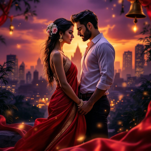 The cover showcases a twilight South Indian cityscape in the background, with modern high-rises transitioning into a historic temple silhouette. The cityscape is painted in sultry hues of deep purple, orange, and gold, with faint whisks of silk fabric flowing across the lower edge of the design. The female lead is in the foreground, standing on the left, her body draped in a tight-fitting red saree with gold accents, her expression one of alluring defiance. Her eyes lock with the male lead, who is positioned subtly on the right. He wears a perfectly tailored white shirt, unbuttoned just enough to suggest confidence with an edge of sensuality. Their bodies are angled towards one another, almost touching, with a faint golden shimmer where their energies collide. Surrounding them are cultural elements—jasmine flowers in her hair, a traditional lamp near their feet, and a faint overhead temple bell shimmering in the soft lighting.