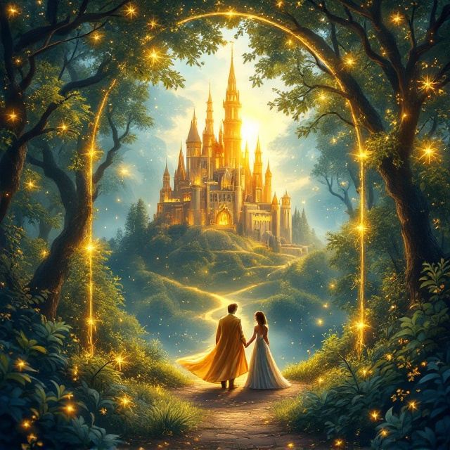 A dreamy fairytale forest envelops the center of the cover, bursting with golden hues that blend with lush greens and enchanted blues. In the midground, a sparkling golden castle rests atop a gentle hill, partially veiled by a thin layer of magical mist. In the foreground, a prince and a princess are seen standing near a shimmering tree, their outfits embellished with faint sparkles invoking a sense of magic. Fireflies dot the scene, and faint illustrations of fairytale creatures are hidden subtly among the foliage for added depth and intrigue. A glowing golden arch frames the composition, hinting at a literary door to unknown adventures.