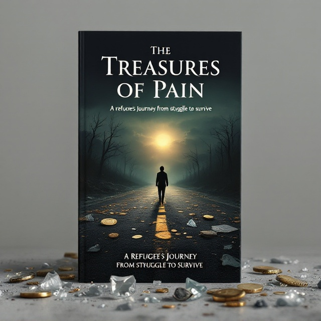 A somber scene featuring a lone figure walking down a desolate road surrounded by dark, barren landscapes. The backdrop transitions to a faint glimmer in the distance, symbolizing hope amidst despair. Fragmented treasures, such as scattered gold coins and a cracked locket, lie on the ground, contrasted with jagged shards of broken glass. A faint overlay of clouds adds depth and evokes emotional heaviness.