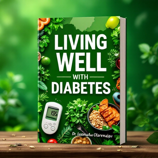 The cover features a lush green background symbolizing health and vitality. Overlaying this background is a slightly transparent image collage of healthy foods suitable for diabetes management such as leafy vegetables, grilled proteins, and bowls of grains. A blood glucose meter (glucometer) with an optimal reading is subtly placed at the top-right corner, adding a visual cue to the subject matter. There is a faint illustration of the geographic outline of Nigeria in the background, blending seamlessly with the overall green theme to emphasize locality.