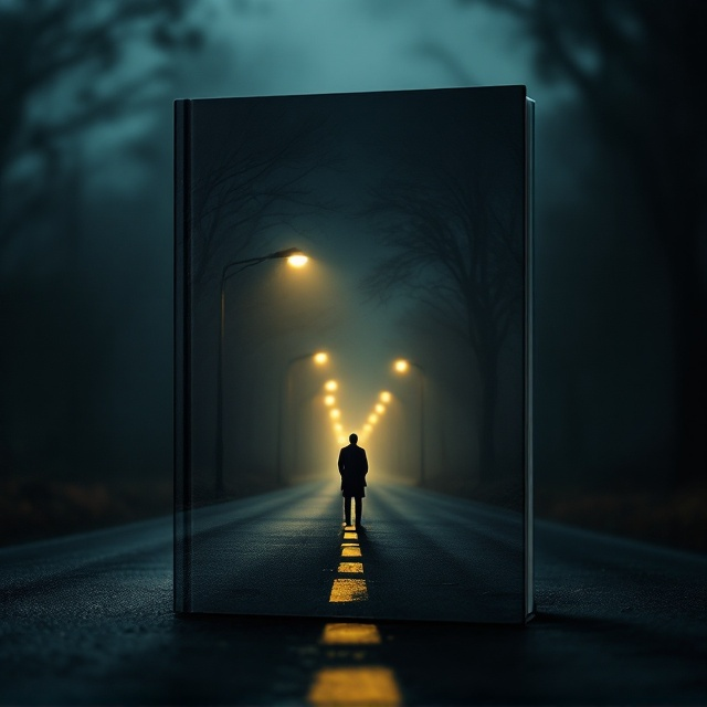A dimly lit road stretches infinitely into the darkness, with soft pools of yellowish light cast by a series of old-fashioned streetlamps that diminish into the horizon. The road is bordered faintly by blurred trees or shadows, evoking a sense of isolation. A lone male figure, depicted from behind, stands slightly off-center, wearing a dark coat, with his silhouette partially blending into the night. The edges of the cover have a subtle vignette effect, further enhancing the eeriness and focusing the viewer’s gaze down the endless road.