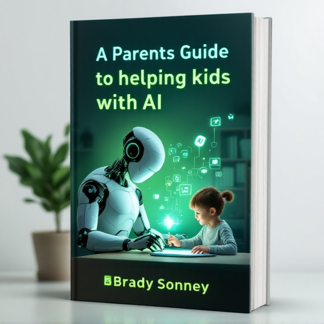 A friendly robot depicted as a parent, made of smooth metallic surfaces with glowing green accents, hovers over a young child seated at a desk. The child is drawing on a tablet with AI-inspired holographic visuals hovering in the air. A bookshelf with AI-themed books and a potted plant is placed in the background. The backdrop is a gradient of subdued green and white, symbolizing growth and innovation.