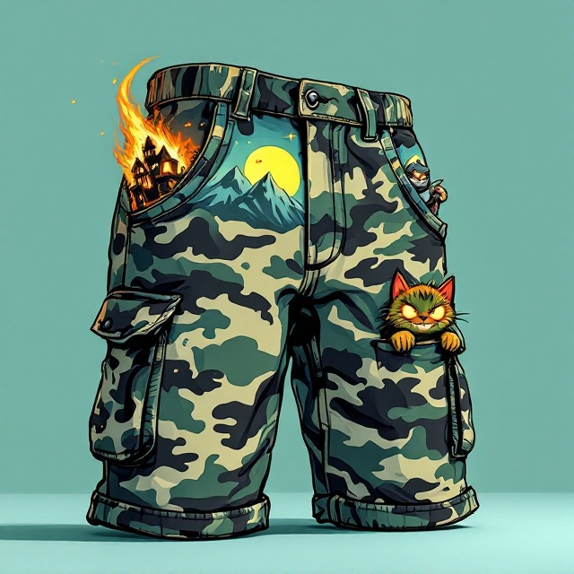 The pair of oversized camo cargo shorts is presented as the centerpiece, occupying the majority of the front cover in bold, whimsical detail. The shorts are drawn in a Kurt Vonnegut-inspired art style, with a playful mix of humorous and surreal elements. The camo pattern features a rugged mountain seamlessly morphing into a burning haunted house illuminated by a full moon with glowing stars in the background. From the left pocket of the shorts, a sleek sci-fi spaceship zooms out dynamically, leaving a vibrant colored contrail that arcs toward the top of the design. From the right pocket peeks a cartoonish orc with a mischievous grin holding a brightly colored cartoon AK-47. The cargo pocket has an ominous yet oddly charming evil cat peeking out with wide glowing eyes and fluffy fur. The background is a clean, light teal shade, emphasizing the playful energy and helping the contrasting bright, saturated colors pop.