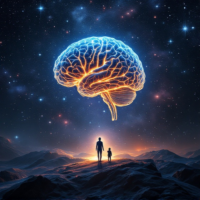 A cosmic scene dominates the cover, with the shimmering galaxy forming neural-like patterns, subtly resembling a vast interconnected brain. In the foreground, the bio-engineered spaceship ALEx is sleek and futuristic, constructed of intricate, metallic-flesh curves that give it the impression of a living organism. The ship glows softly, illuminating waves of color—deep blues for logic and fiery oranges for emotion—swirling outward and enveloping the scene. Bran, the protagonist, is depicted front and center as a humanoid figure made of luminous waves, their pulsing form conveying growth and transformation. TiGer, their diminutive yet fierce ally, crouches at their foot, with a sharp, alert stance. Shadows of other mysterious crew members, barely visible yet strikingly diverse, create an ominous sense of tension in the background. The faint outline of a translucent brain overlays the entire cosmos, subtly tying the design together.