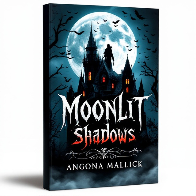 A dark and ominous scene with a vampire perched on the Gothic rooftop of an ancient, weathered mansion. The vampire is depicted in silhouette, except for the gleaming crimson hue of its fangs and glowing red eyes. The full moon looms large and spectral behind the vampire, illuminating the vast night sky populated by dozens of bats mid-flight. The dark mansion is stylized with spires and intricate stonework, blending into the shadowy landscape. Wisps of fog snake through the bottom edges of the cover, adding an ethereal layer of suspense.