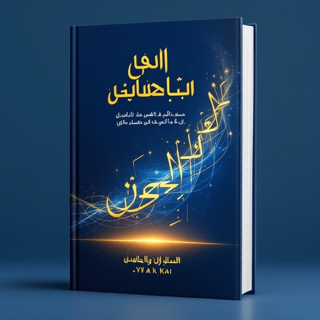 A modern, sleek cover featuring a rich blue gradient background symbolizing knowledge and creativity. The central imagery includes an overlay of interlocked Arabic letters in light gold, subtly forming a rising diagonal shape toward the top right, implying growth and mastery. In the foreground, a glossy open presentation slide design is depicted, showcasing an abstract Arabic word hover effect surrounded by subtle glowing edges, merging the theme of PowerPoint and the Arabic language.