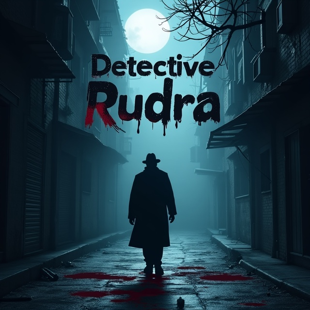 A dark and moody background with a foggy, moonlit alley. A shadowy figure of Detective Rudra in a trench coat and fedora looms at the center, with a magnifying glass subtly hinting at mystery. Scattered, faint bloodstains on the ground lead to a sinister, claw-like hand emerging from the shadows. The entire scene is veiled under an eerie blue-gray hue, with smoky textures and faint glowing wisps of light floating across.