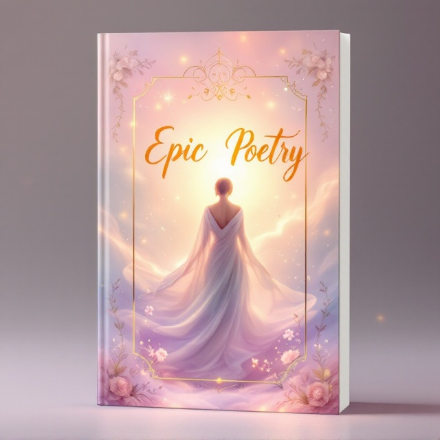 A soft, pastel-colored background with a dreamy gradient that transitions from blush pink to lavender, symbolizing romance. In the center, an ethereal figure of a woman draped in flowing fabric appears gracefully, her posture emoting delicate yet profound longing. Surrounding her, poetic lines in handwritten script cascade like a gentle breeze. A luminous golden glow surrounds the title, giving it a divine aura. Subtle floral patterns enrich the corners, blending lightly into the background to enhance elegance.