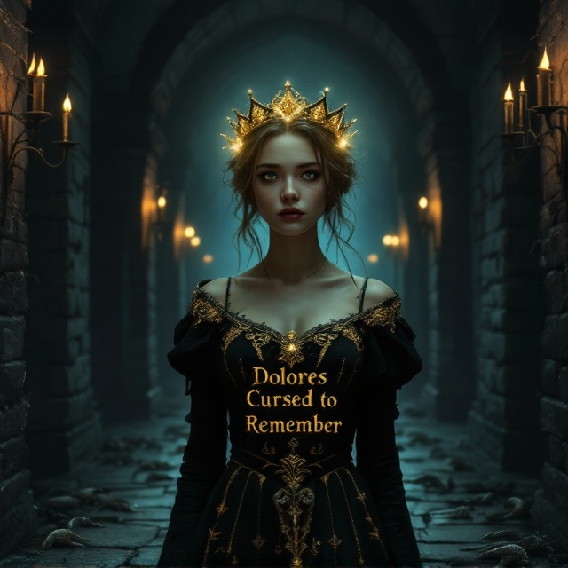 A young princess, Dolores, positioned in the center of a long, shadowy, medieval castle corridor. She wears a faded gold and black medieval gown with intricate embroidery. Her delicate crown is subtle but eye-catching, catching faint light from an otherworldly glow surrounding her head like a halo. Her face is pale, her expressive eyes capturing sorrow, isolation, and longing, as though she is lost in thought. The background features a dimly lit hallway with eerie, jagged shadows and faint shapes of lizards crawling along the stone walls, adding a mysterious and unsettling edge. Flickering torches on the walls cast muted light and elongated shadows to enhance the dramatic atmosphere.