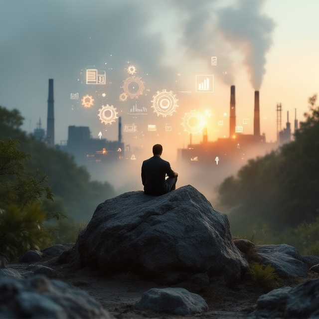 A lone figure sitting on a rugged, earthy rock positioned in the center foreground of the cover. The scene is set amidst untouched, lush greenery with a backdrop of a hazy industrial factory in the distance. The factory smoke forms abstract shapes of gears and machinery, symbolizing organizational processes and productivity. Floating in the air surrounding the figure are glowing, translucent icons of human resource elements—such as charts, resumes, and cogwheels—blurring the line between the natural environment and corporate dynamics. The human figure is in a contemplative pose, illuminated faintly, representing introspection. The lower third of the cover transitions into warm, soft light gradients as a metaphor for self-realization and improvement.