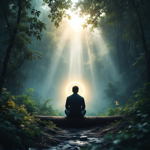 A solitary silhouette of an individual is seated on a weathered wooden log amidst an untouched, misty forest. Raindrops shimmer against lush greenery, while ethereal beams of light pierce through the canopy. In the backdrop, faint but organized shapes of office buildings dissolve into the mist, symbolizing the duality of nature and corporate environments. A glowing halo of light encircles the center, embodying the essence of human resource management.