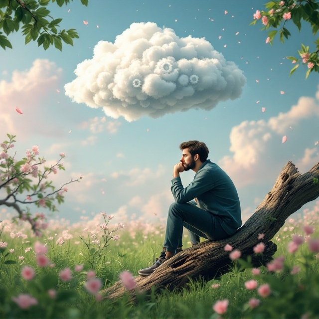 A calm yet thought-provoking scene of an individual sitting on a fallen, rotting tree trunk amidst a lush green meadow. This person, deeply immersed in thought, rests their head on their hand while gazing reflectively ahead. Above their head, within the canopy of vibrant green leaves, a softly textured cloud floats, subtly embedded with illustrations of HR management gears and mechanisms. The meadow is filled with blooming pink jasmine flowers, their fragrance almost palpable from the scene. The backdrop melts into a gradient sky transitioning from soft blue to blushing pink, scattered with cherry blossom petals gently falling.